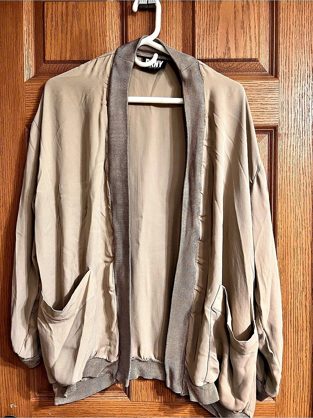 DKNY 100% Silk Open Front Cardigan in Beige
